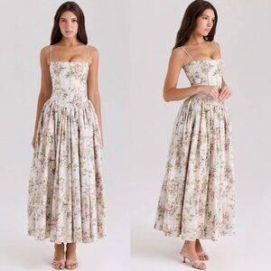 NWOT Floral Maxi Dress Drop Waist Gown Pink Cottagecore Size Medium